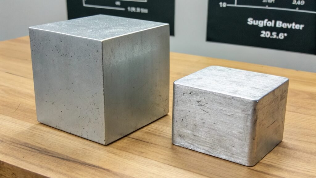 alt text: Magnified view showing tightly packed particles for iron and loosely packed particles for aluminum